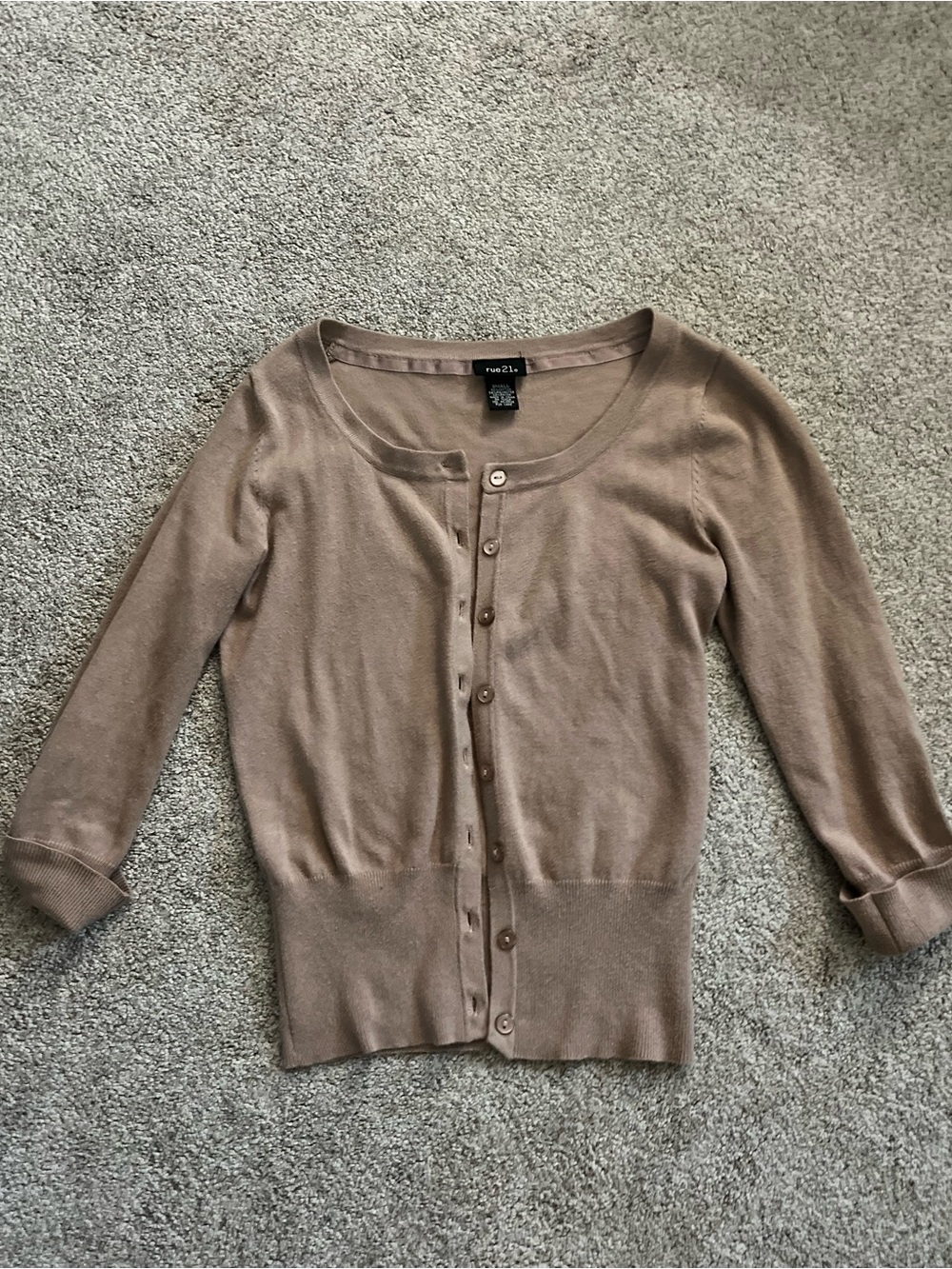 Rue21 3/4 Tan/Brown Scoop Neck Button-Front Cardigan Ribbed Waist Size Small